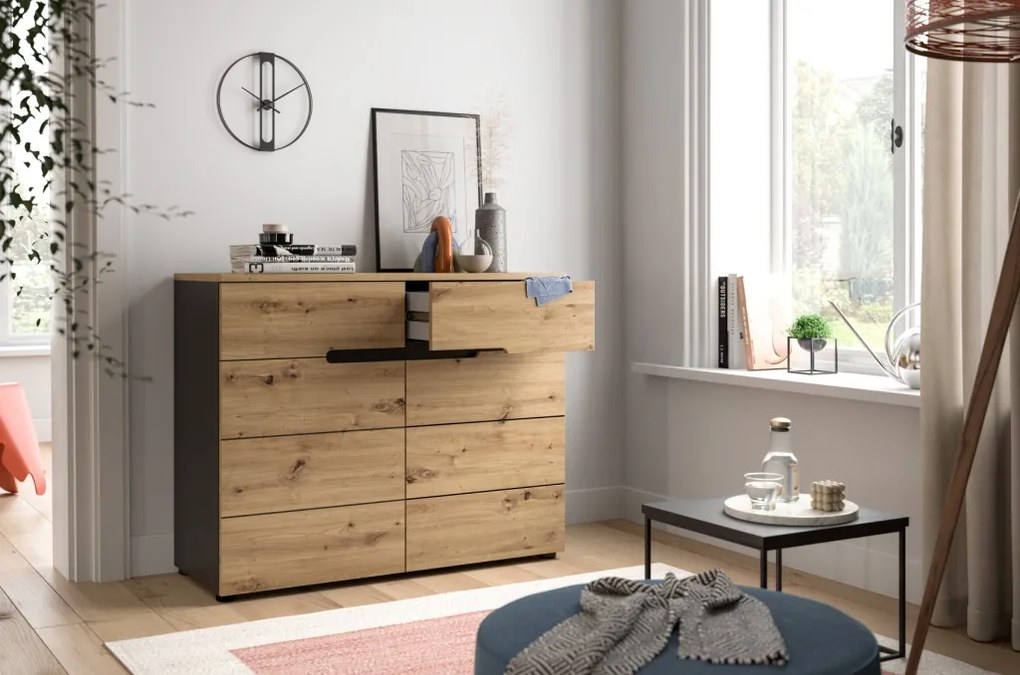 Komoda so zásuvkami Cano, 100 cm, šedá/dub artisan