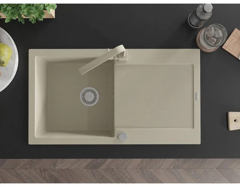 Mexen Leo, drez granitový 900x500x190 mm, 1-komorový, béžový s chrómovým sifónom a béžová drezová batéria Rita, 6501-69-670300-69