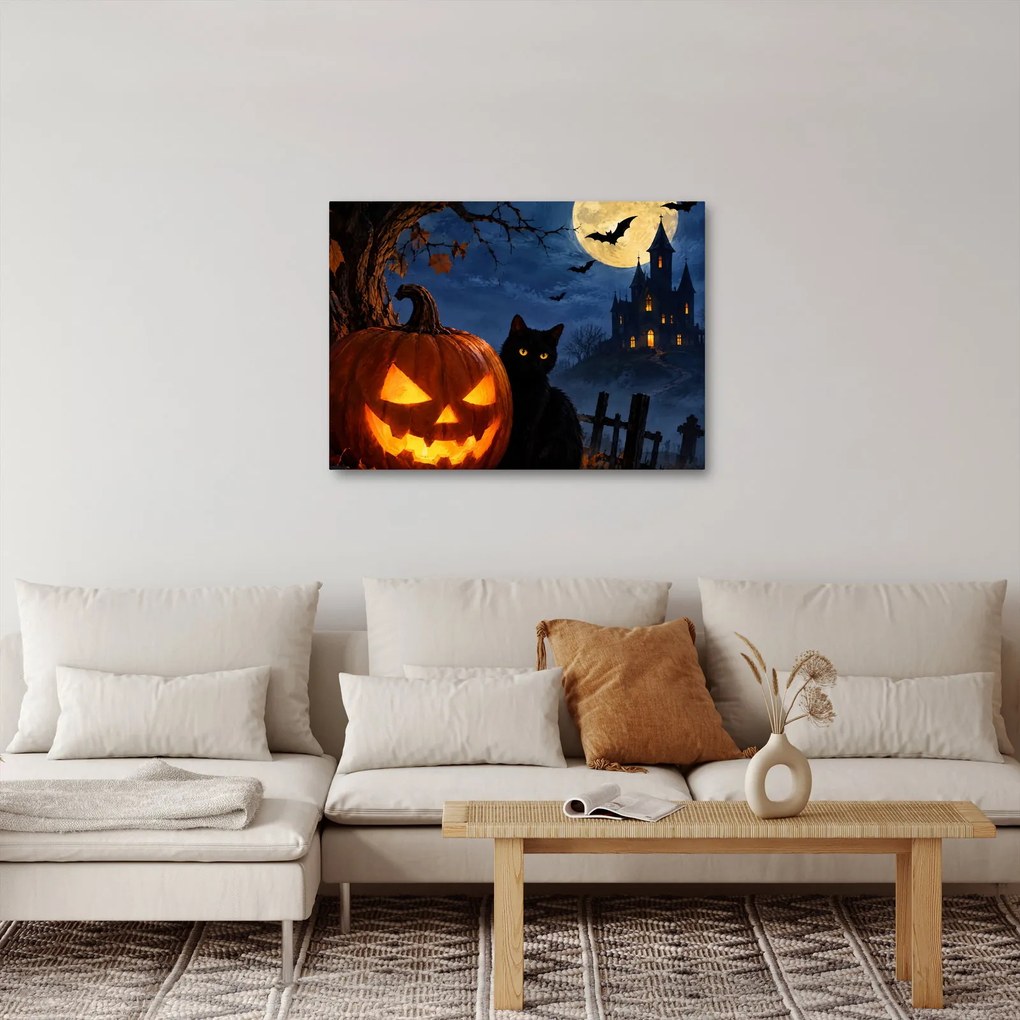 Obraz - Čierna mačka pri svietiacej tekvici na Halloween (70x50 cm)