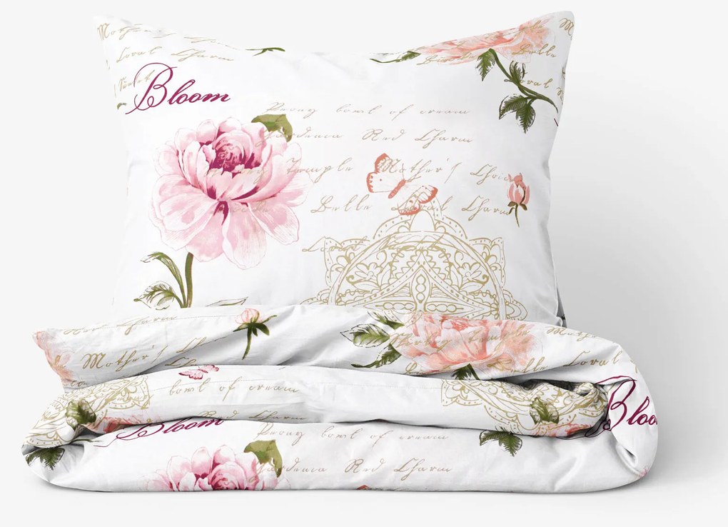 Goldea bavlnené posteľné obliečky - pivonky s textami 140 x 220 a 70 x 90 cm