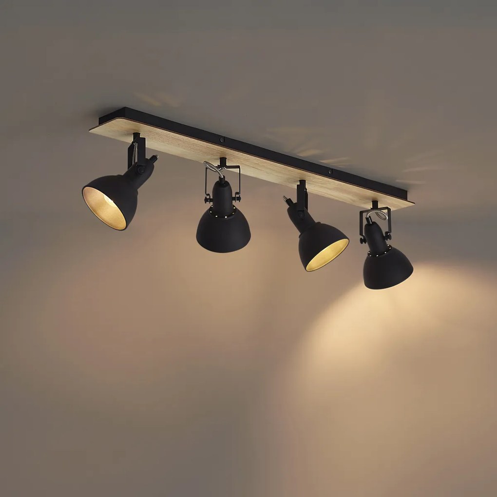 Stropný reflektor čierny s drevom 4-svetlá otočný a naklápací - Jakub