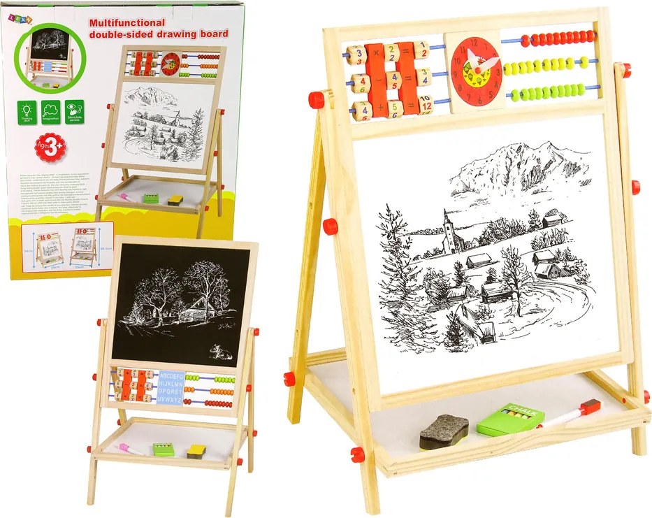 LEAN Toys Obojstranná vzdelávacia kresliaca tabuľa 2v1, drevená