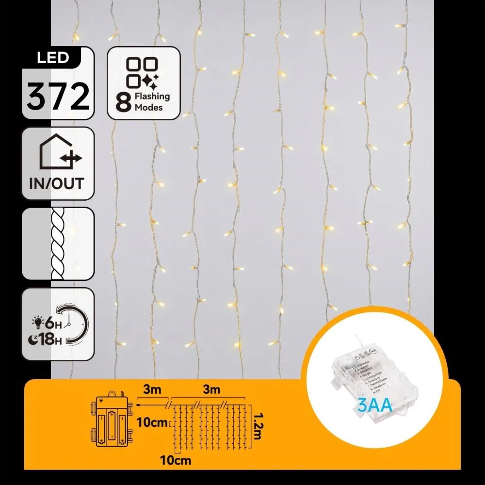 Aigostar - LED Vonkajší vianočný reťaz 372xLED/8 funkcií 3xAA 6x1,2m IP44 teplá biela
