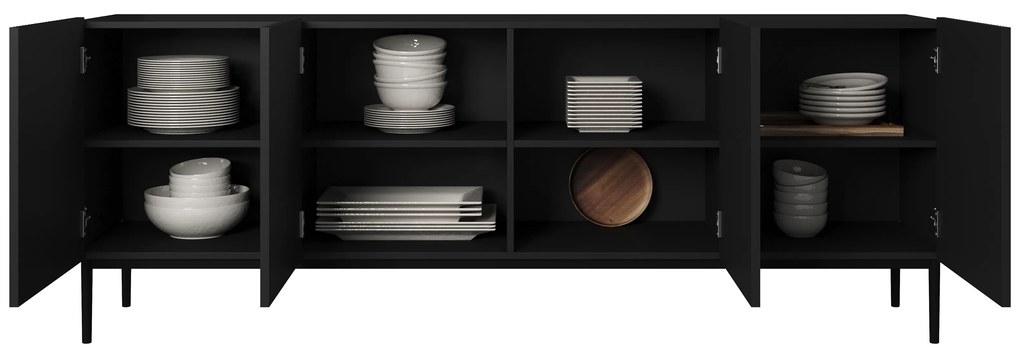 Čierna matná komoda Nicole 200 cm so štyrmi dverami a ryhovaným čelom - čierne nožičky