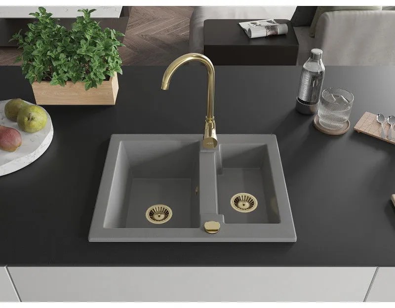 Mexen Carlos, granitový drez 582x475x177 mm, 1,5-komorový a zlatá drezová batéria Telma, šedá, 6518-71-670200-50