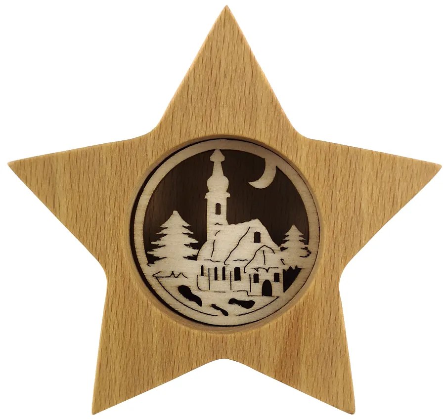 AMADEA Drevená hviezda s vkladom - kostol, masívne drevo, 10x10x3 cm