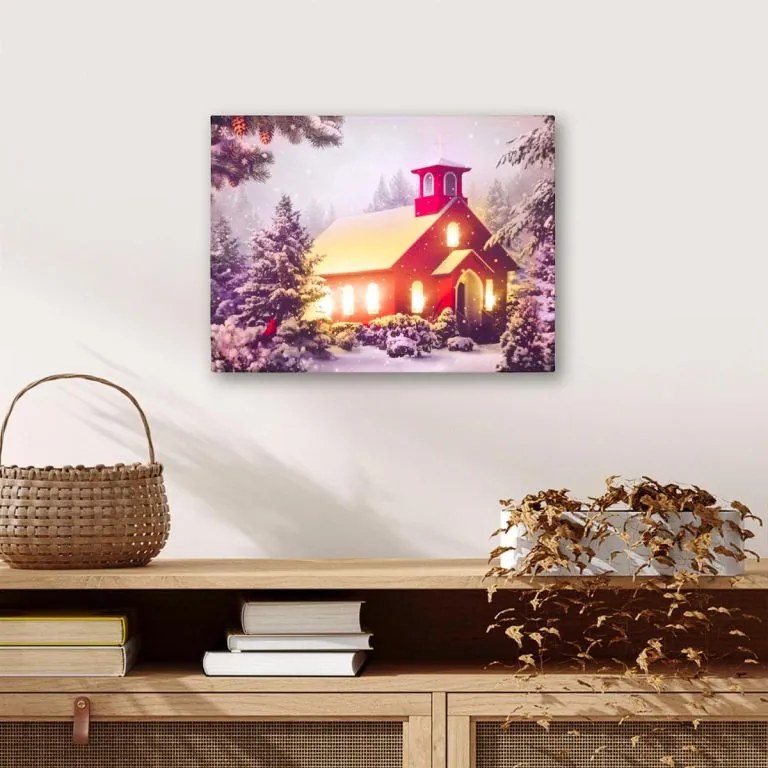 Nexos 74525 Nástenná maľba- Zasnežená kaplnka, 6 LED, 30 x 40 cm