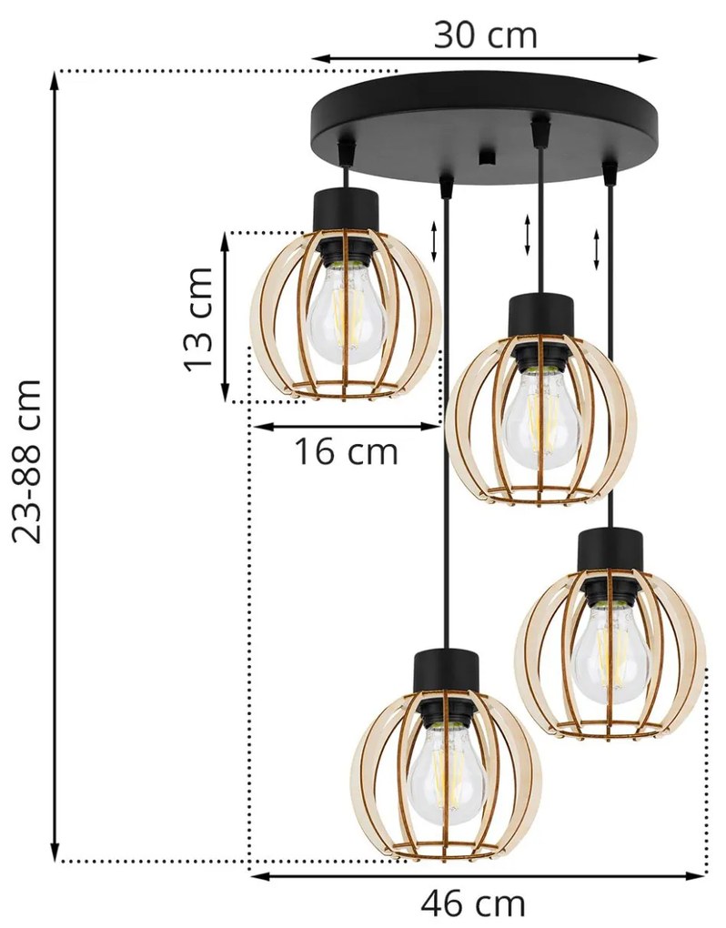 Závesné svietidlo TIMBER 8, 4x drevené tienidlo, O