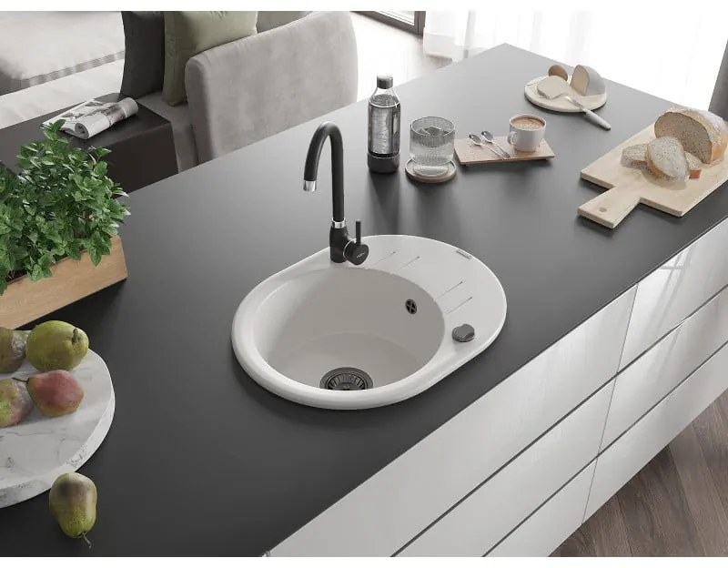 Mexen Kevin, drez granitový 586x458x190 mm, 1-komorový a čierna matná batéria Telma, biela, 6517-20-670200-70