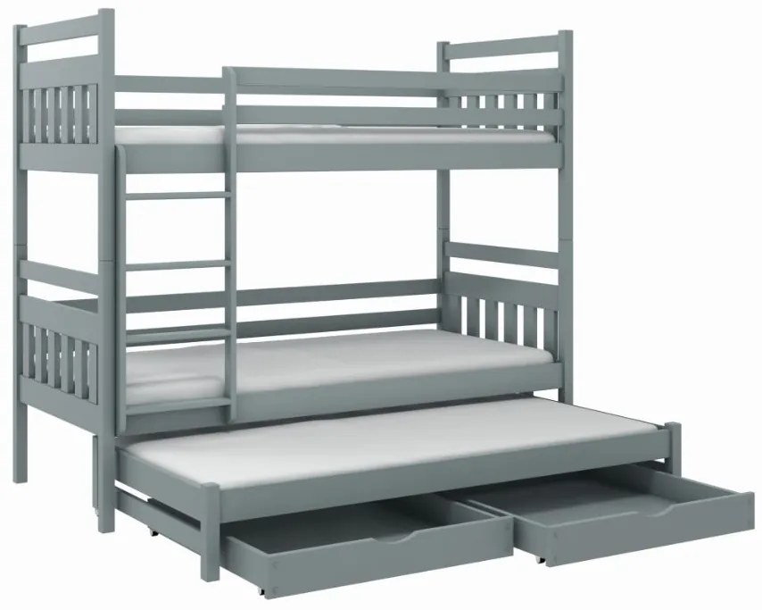 Detská poschodová posteľ z masívu borovice SEVERUS s prístelkou a šuplíky - 200x90 cm - biela