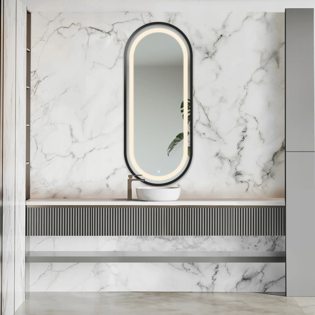 Zrkadlo Oskar v čiernom ráme Mdf pieskované s Led podsvietením 103x203