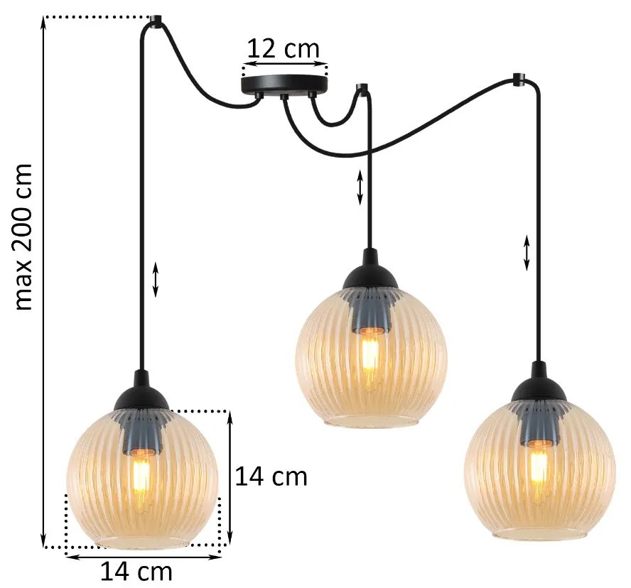 Závesné svietidlo Riffle Round Spider, 3x medové sklenené tienidlo