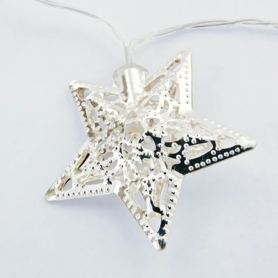 DECOLED LED světelný řetěz na baterie, kovové hvězdy, ledově bílá, 10 diod, 1,3 m