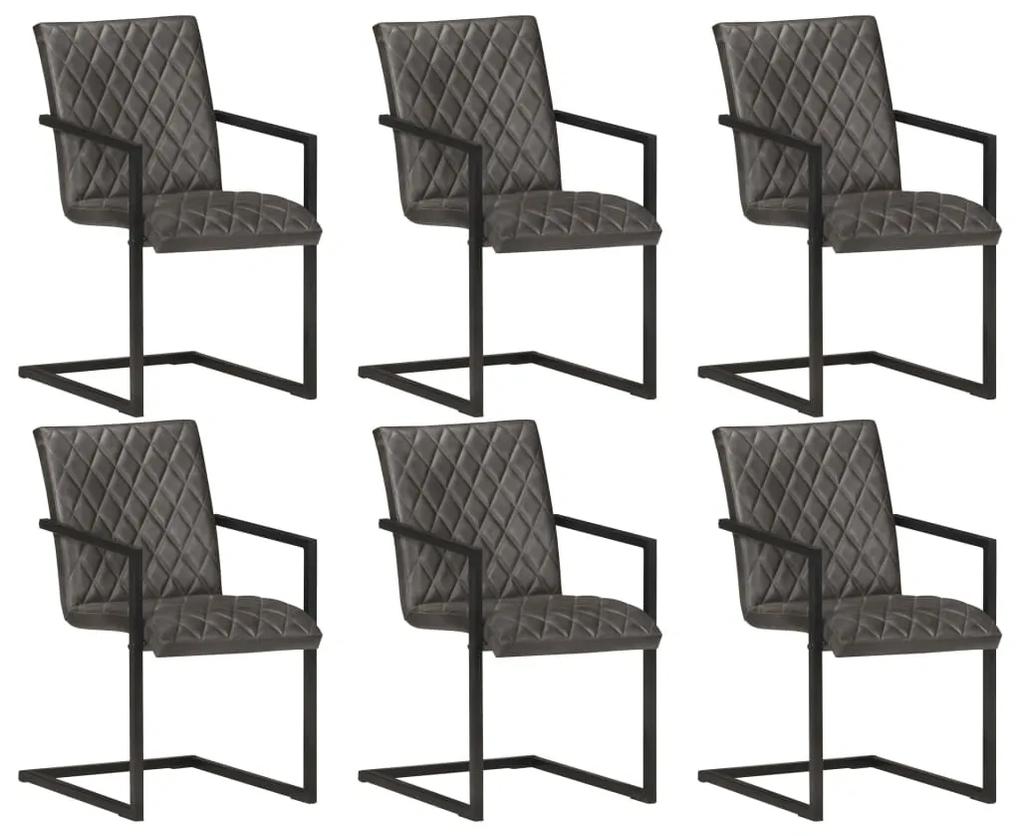 Jedálenské stoličky, perová kostra 6 ks, sivé, pravá koža
