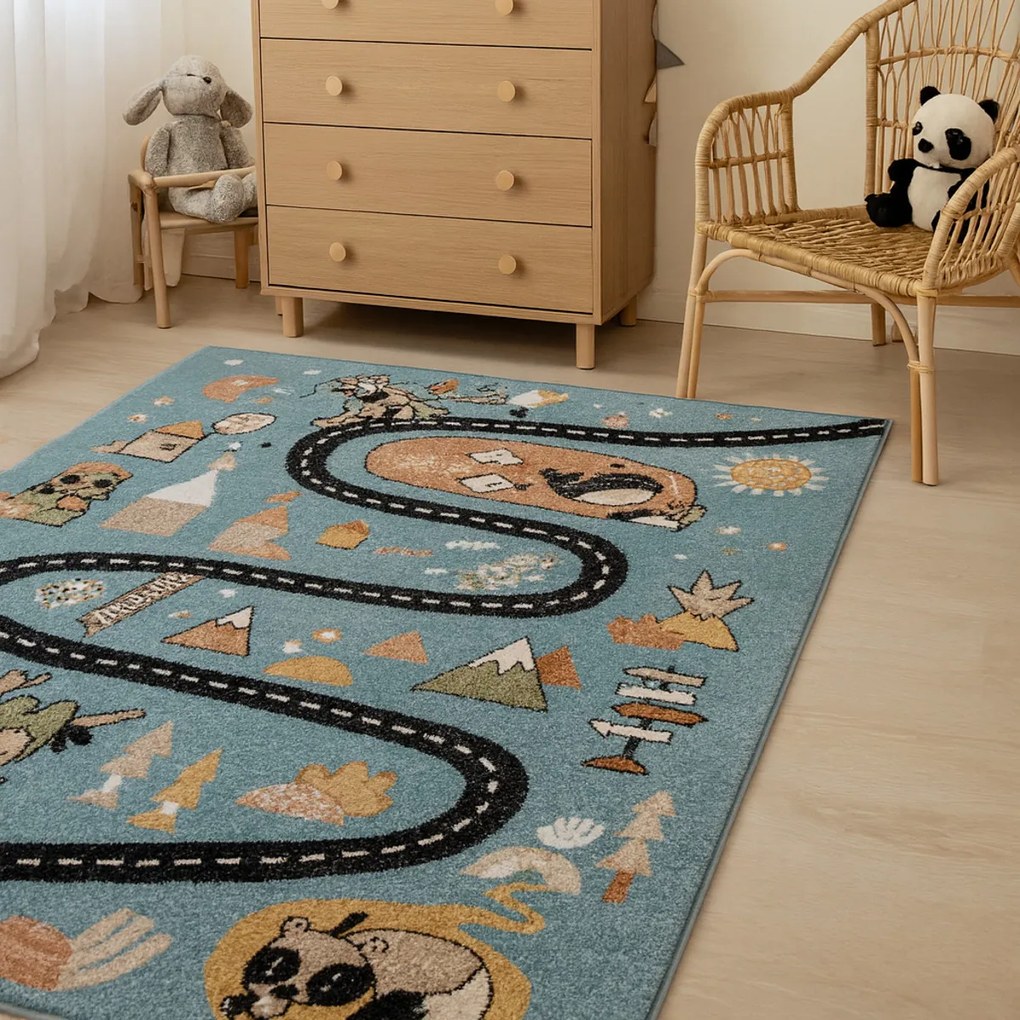 Detský kusový koberec Fun Route Street animals blue, 160x220, modrá, detská izba, Dywany Łuszczów