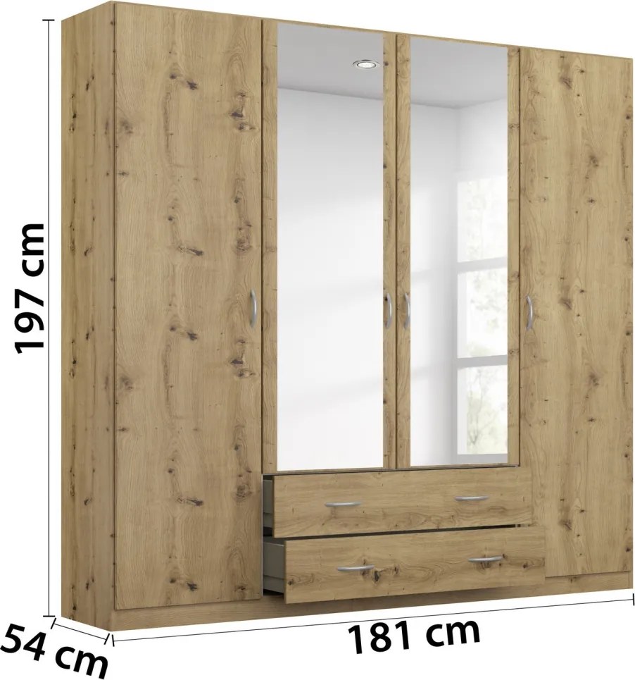 Šatníková skriňa so zrkadlom Case, 181 cm, dub artisan