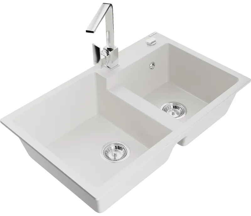 Mexen Tomas, granitový drez 800x500x190 mm, 2-komorový a chrómová batéria Rita, biela, 6516-20-670300-00