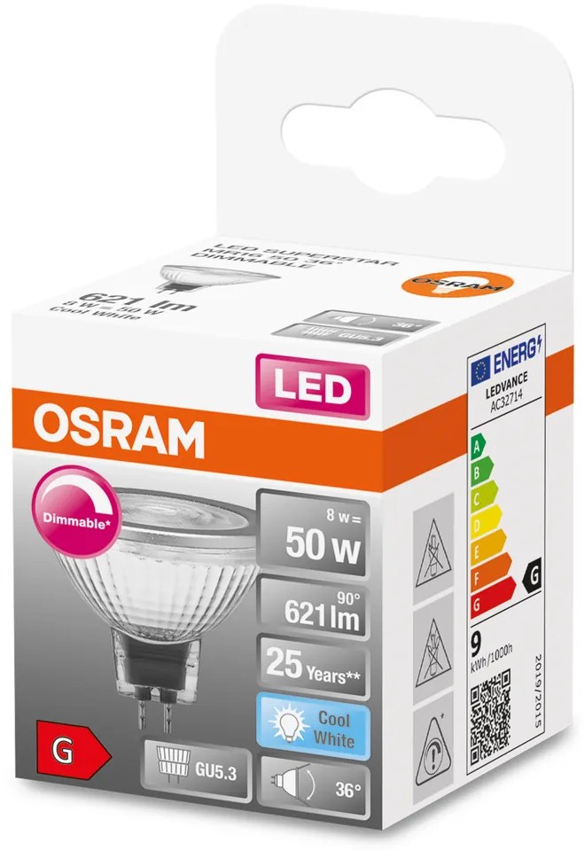 GU5.3 MR16 8W = 50W 621lm 4000K Neutrálna 36° CRI90 12V OSRAM SUPERSTAR stmievateľná LED žiarovka