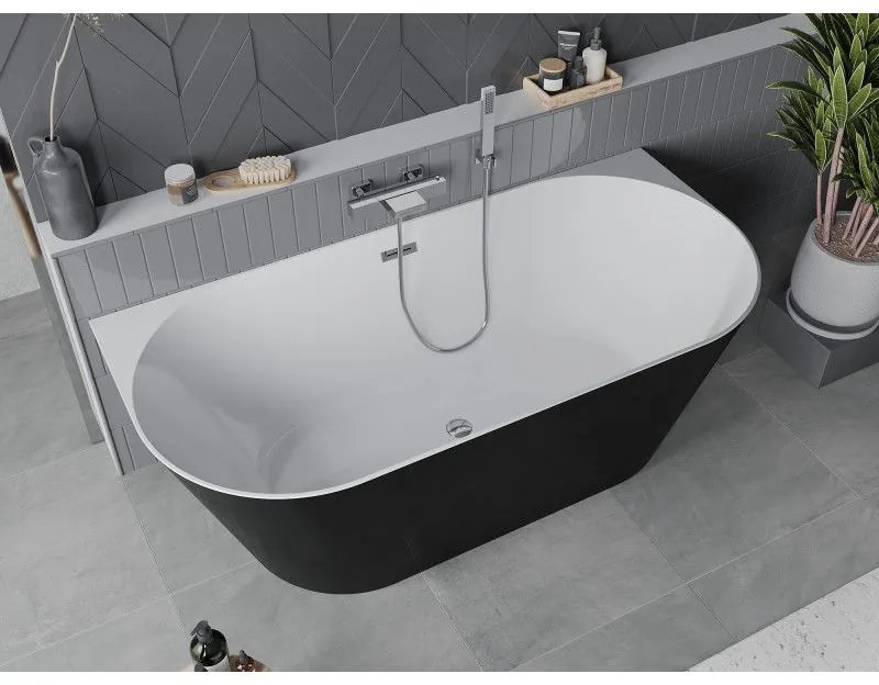 Mexen Oval Slim, voľne stojaca vaňa ku stene, 170 x 80 cm, biela-čierna, chrómový prepad, 52661708075-01