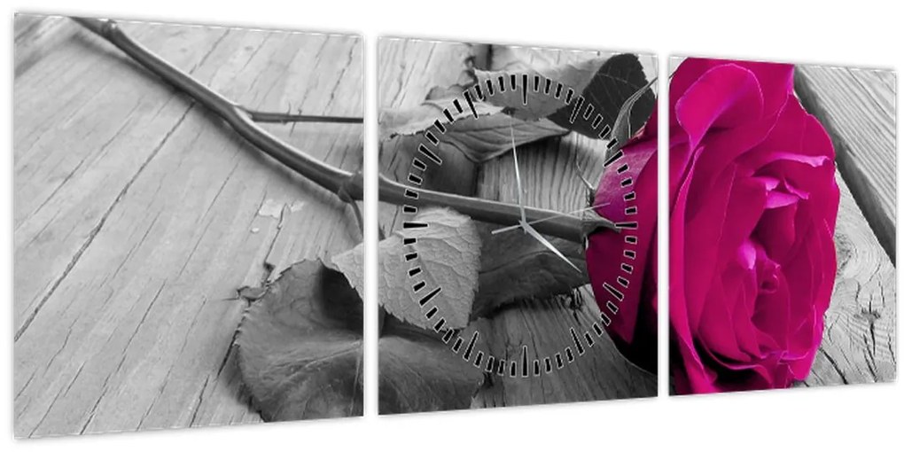 Obraz - Ružová ruža (s hodinami) (90x30 cm)