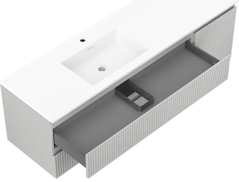 Mexen Rivel, kúpeľňová skrinka 160 cm s ľavým umývadlom Otis, 2S, 1D, drážkovaná, sivá matná/biela matná - 91A23-16047-3-BBFFF62-W18L01