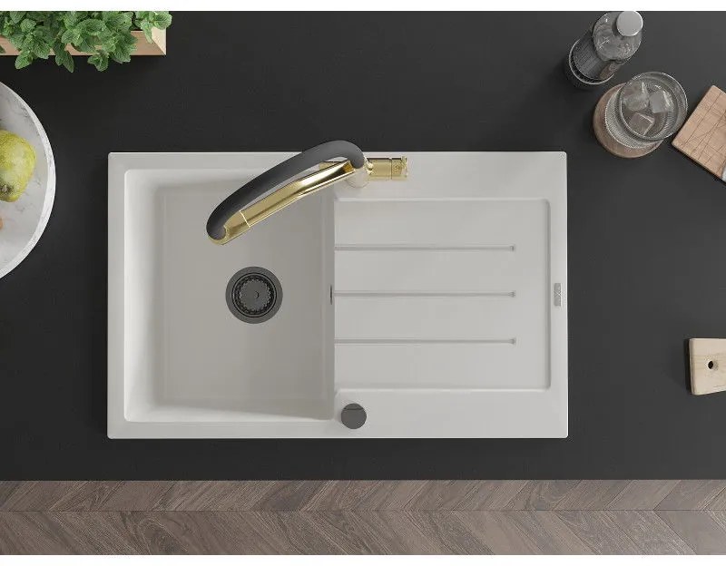 Mexen Bruno, 1-komorový granitový drez 795x495x200 mm a drezová batéria Duo, biela, 6513-20-671701-57-B