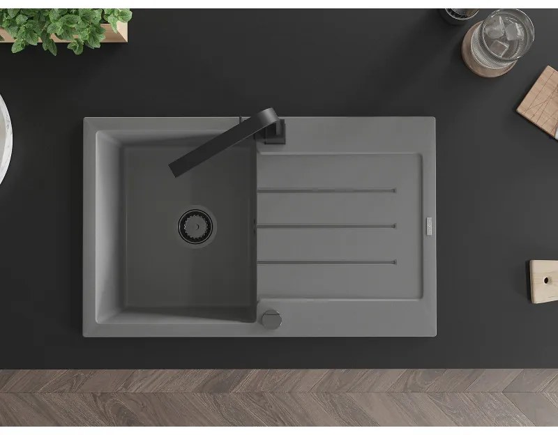 Mexen Bruno, drez granitový 795x495x200 mm, 1-komorový, šedá s čiernym sifónom a čierna drezová batéria Rita, 6513-71-670300-70-B