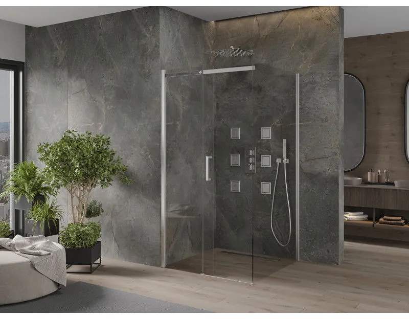 Mexen Omega, sprchovací kút s posuvnými dverami 100 (dvere) x 100 (stena) cm, 8mm číre sklo, chrómový profil, 825-100-100-01-00