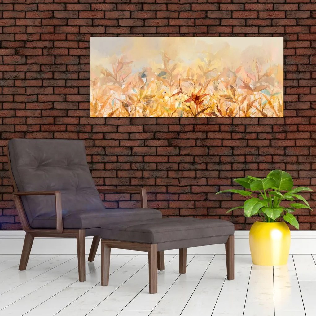 Obraz - Listy vo farbách jesene, olejomaľba (120x50 cm)