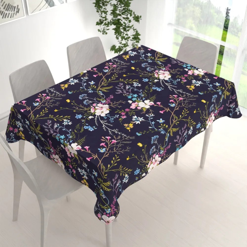 Biante Bavlnený obdĺžnikový obrus Sandra SA-557 Modro-ružové kvety na tmavo modrom 140x180 cm