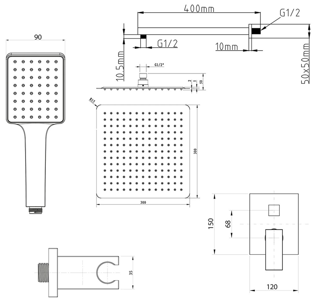 Sapho Sapho, CUBEMIX podomietkový sprchový set s pákovou batériou, 2 výstupy, vyústenie, zlato mat, CM042GB-01