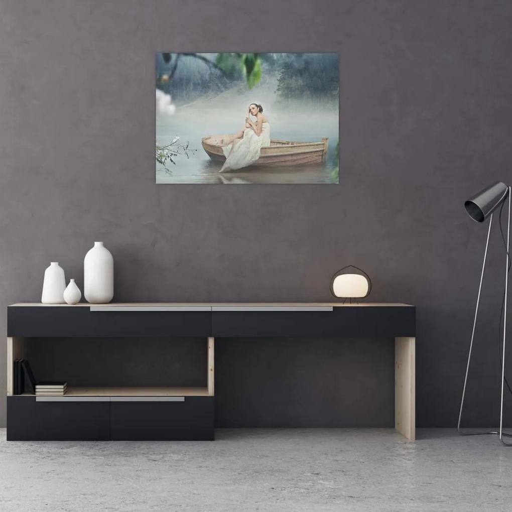 Sklenený obraz - Žena na loďke (70x50 cm)