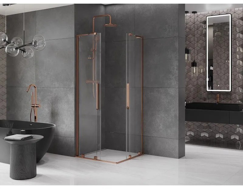 Mexen Velar L Duo, sprchový kút s posuvnými dverami 80 x 80 cm, 8mm číre sklo, ružové zlato, 871-080-080-02-03-60