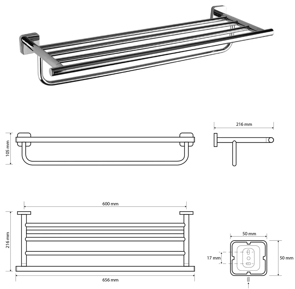 Sapho Sapho, INSIA polička na uteráky s hrazdou 600 mm, chróm, IS028