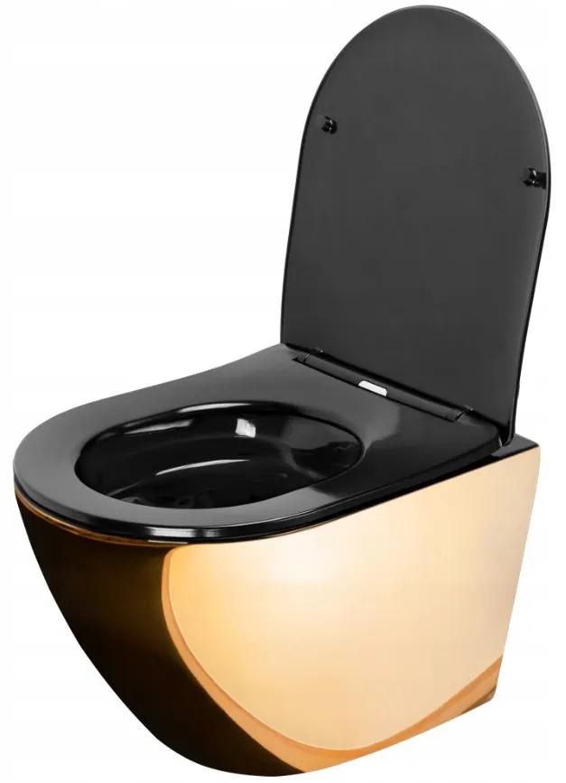 Rea Carlo Mini, závesná WC misa s rimless splachovaním, zlatá-čierna lesklá, REA-C8990