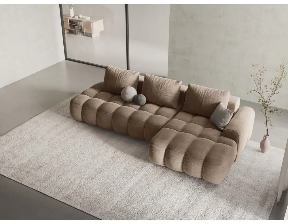 Svetlohnedá zamatová rozkladacia/s úložným priestorom rohová pohovka (pravý roh/s leňoškou) Linz – Cosmopolitan Design