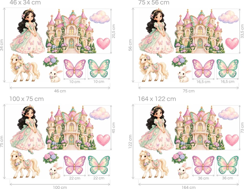 Motýlia princezná a zámok pastelové rozprávkové nálepky na stenu pre malé princezné arch 46 x 34 cm
