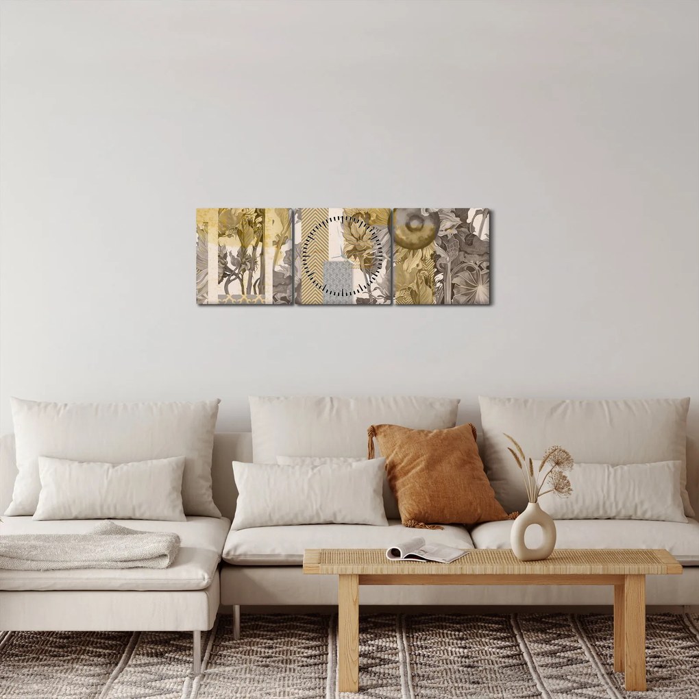 Obraz - Koláž so slnečnicami (s hodinami) (90x30 cm)