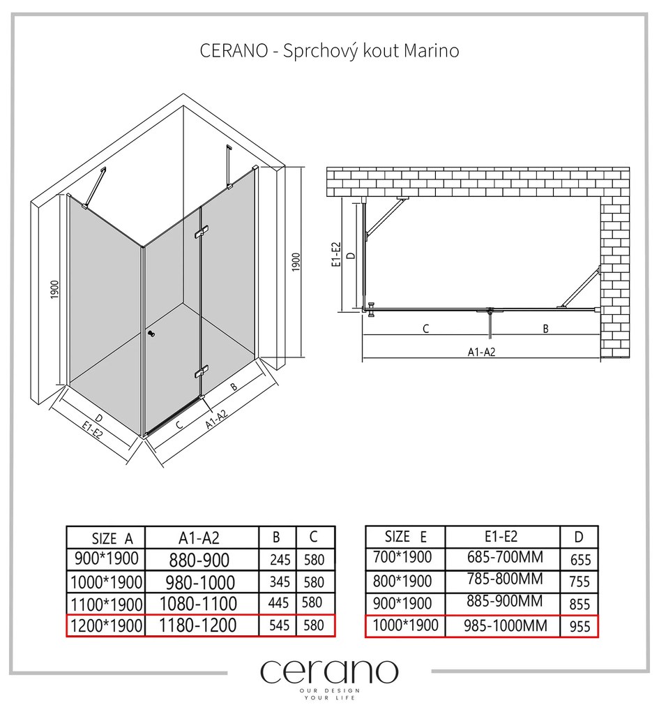 Cerano Marino, sprchovací kút 120(dvere) x 100(stena) x 190 cm, 6mm číre sklo, chrómový profil, CER-CER-422841