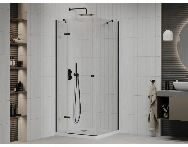 Mexen Roma, sprchovací kút s 1-krídlovými dverami 70 (dvere) x 80 (stena) cm, 6mm číre sklo, čierny profil, slim sprchová vanička 5cm biela s čiernym sifónom, 854-070-080-70-00-4010B