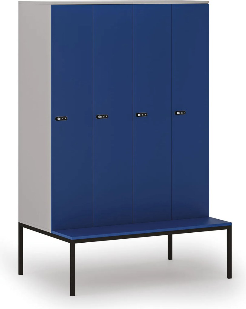 Drevená šatníková skrinka S4 s lavičkou, 4 oddiely, 1871 x 1200 x 500/800 mm, demont, mechanický kódový zámok, sivá / modrá