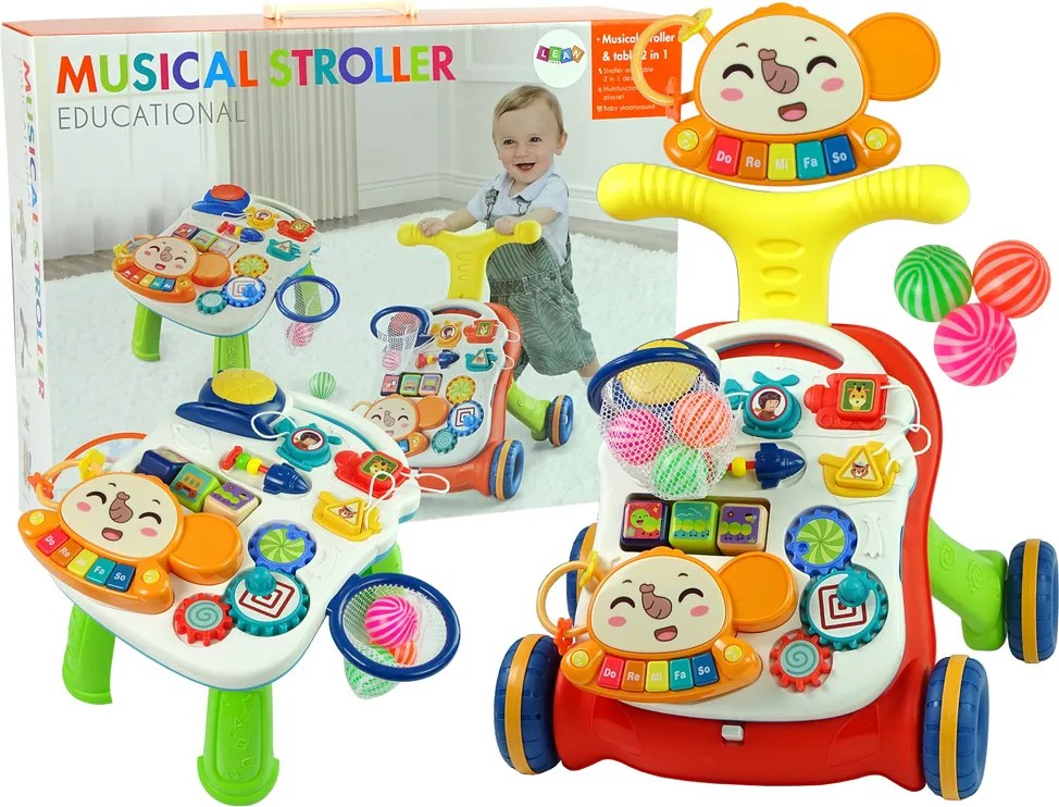 LEAN Toys Interaktívne odrážadlo a chodítko 2 v 1 – stolík, červené