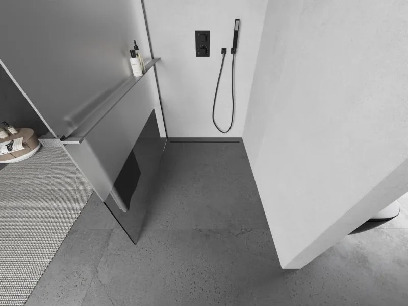 Mexen Kioto+ L, sprchová zástena Walk-In s poličkou a vešiakom 110 x 200 cm, 8mm číre sklo-námraza, grafitový profil, 800-110-123-66-35