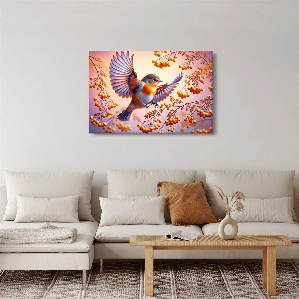 Obraz - Vták s jarabinou (90x60 cm)