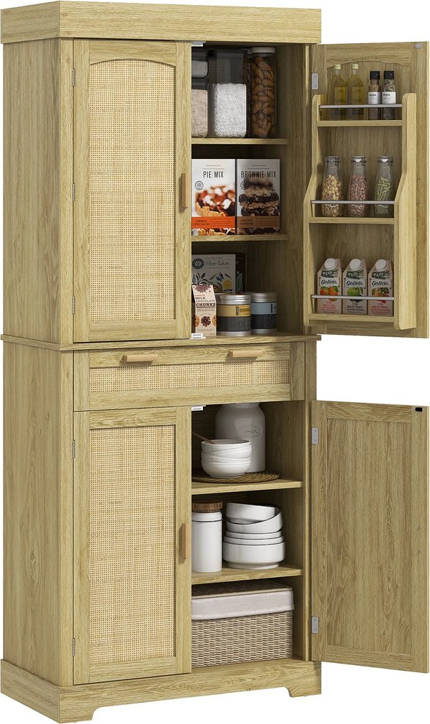 HOMCOM Vysoký Boho Štýlový Kuchynský Kredenc s 2 Skriňami a Šuplíkom, Kuchynský Kredenc s Drevom a Rattanovými Regálmi na Koreniny, 76x40x183cm, Dub |