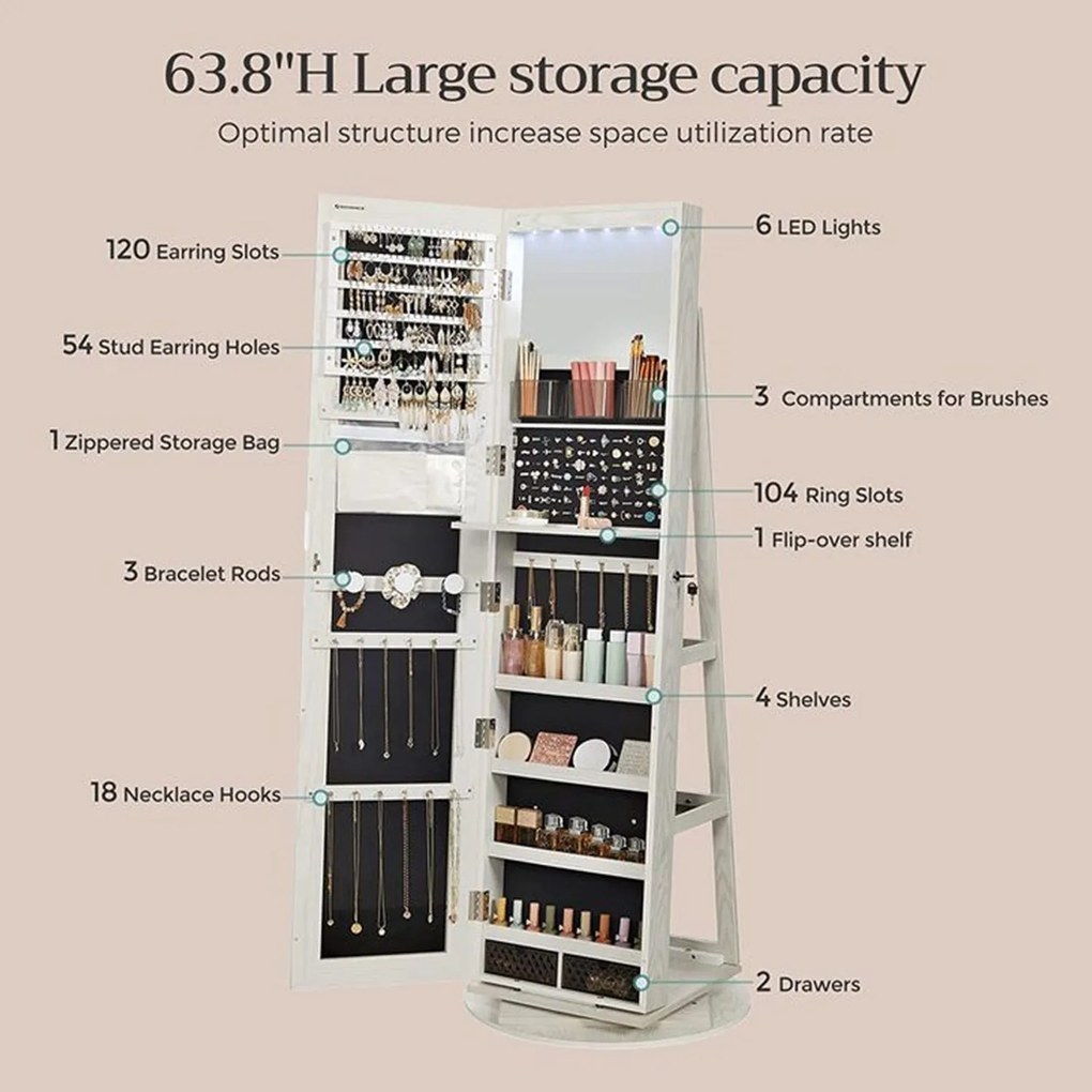 Zrkadlová skrinka na šperky, uzamykateľná, so 6 LED svetlami, otočná o 360°