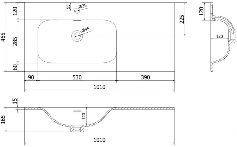 Mexen Vela, umývadlo na zapustenie 101 x 46,5 cm, ľavé, biela lesklá, 25231000L