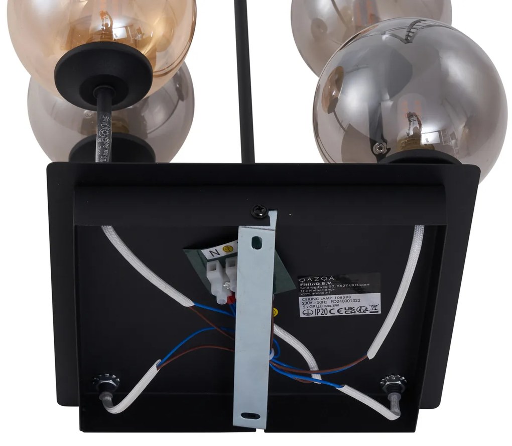 Moderné stropné svietidlo čierne s jantárovým a dymovým sklom 5 svetiel - Atény