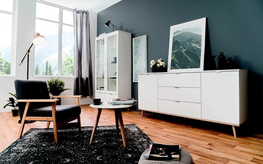 Vysoká vitrína Göteborg, biela / dub sonoma