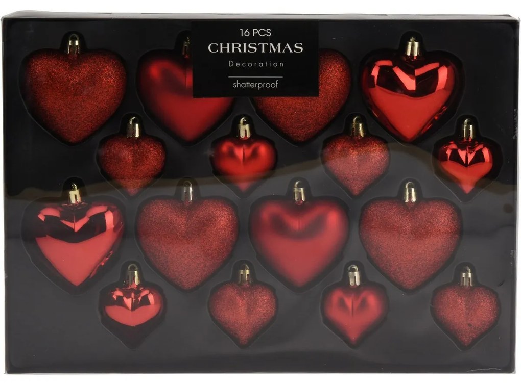 Sada vianočných ozdôb Heart červená, 16 ks